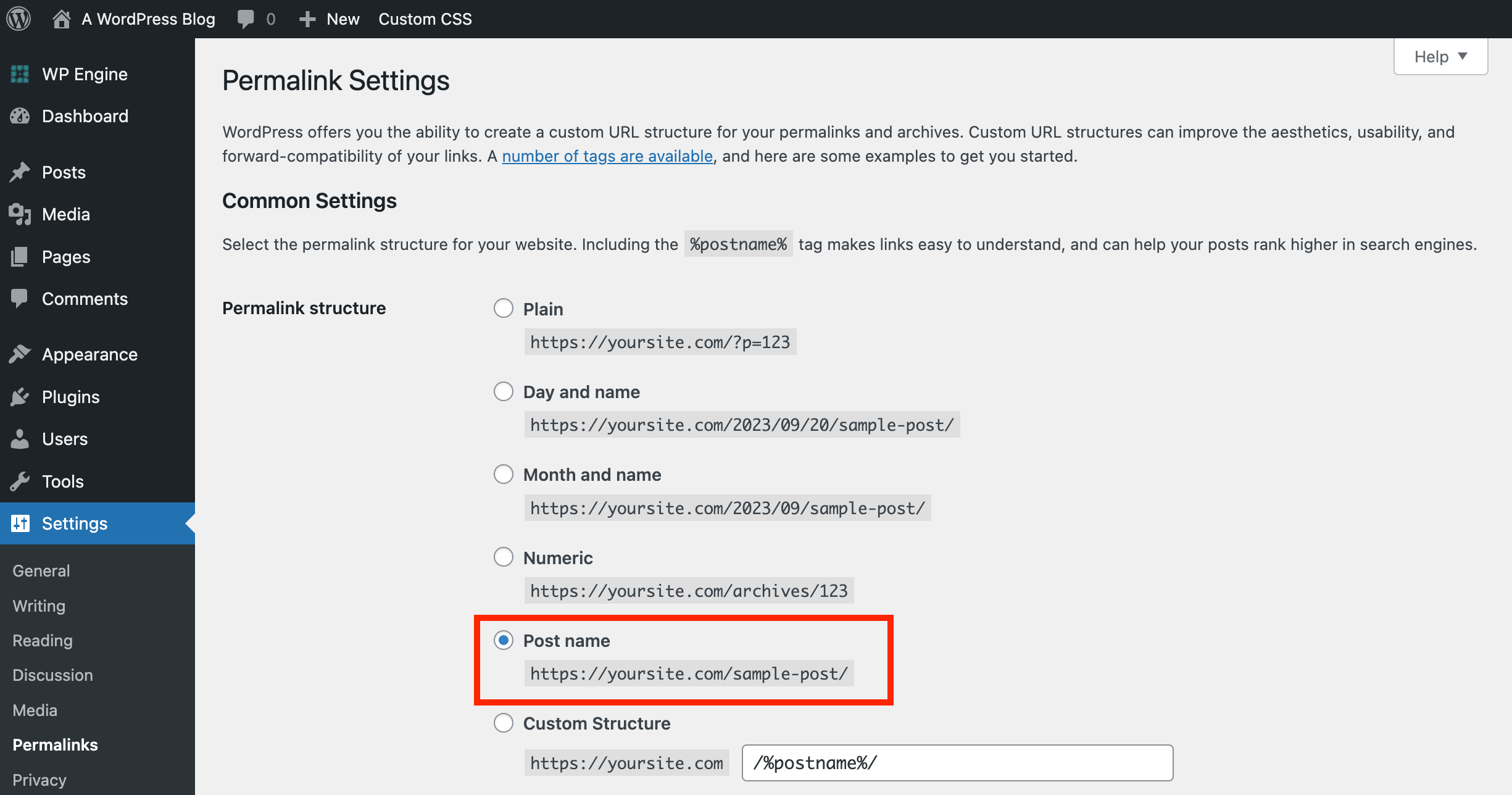 WordPress Dashboard: Settings Permalinks