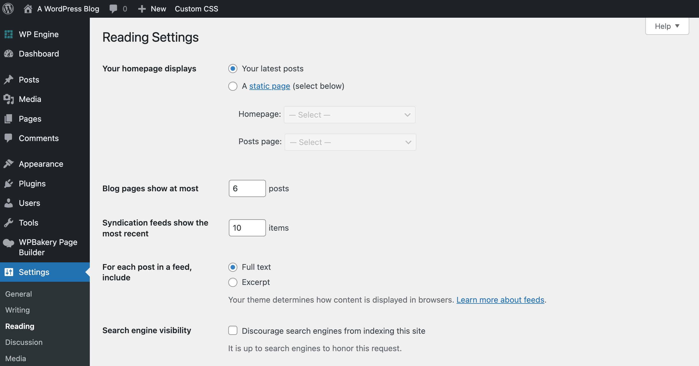 WordPress Dashboard: Settings Reading