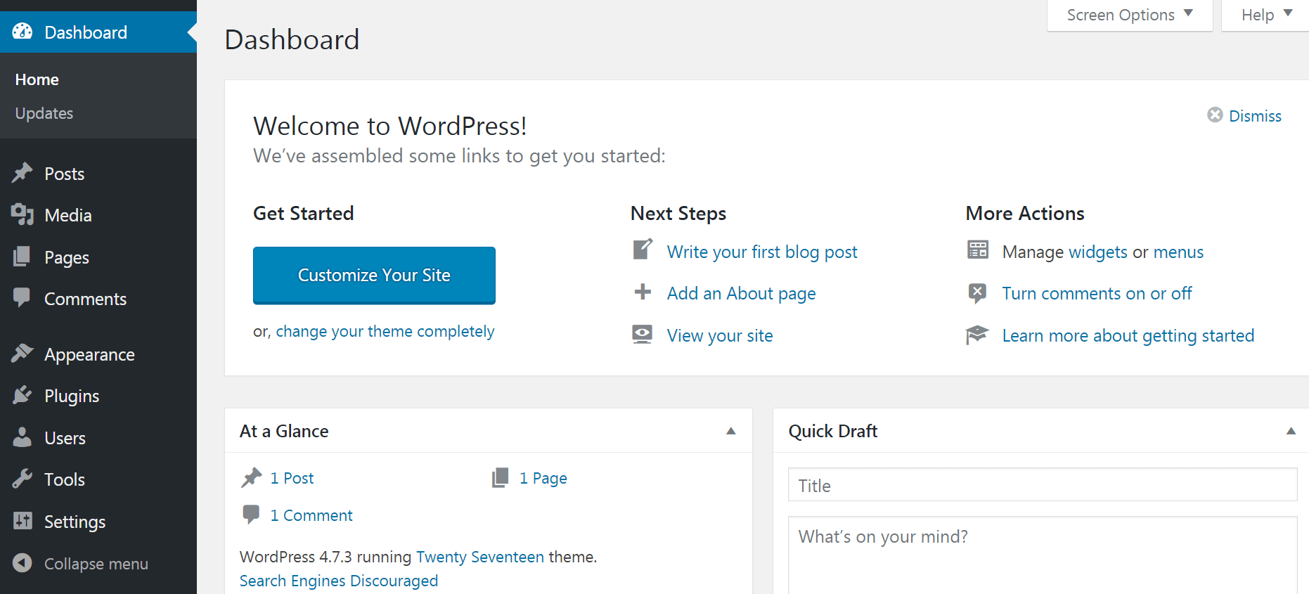 Le tableau de bord WordPress.