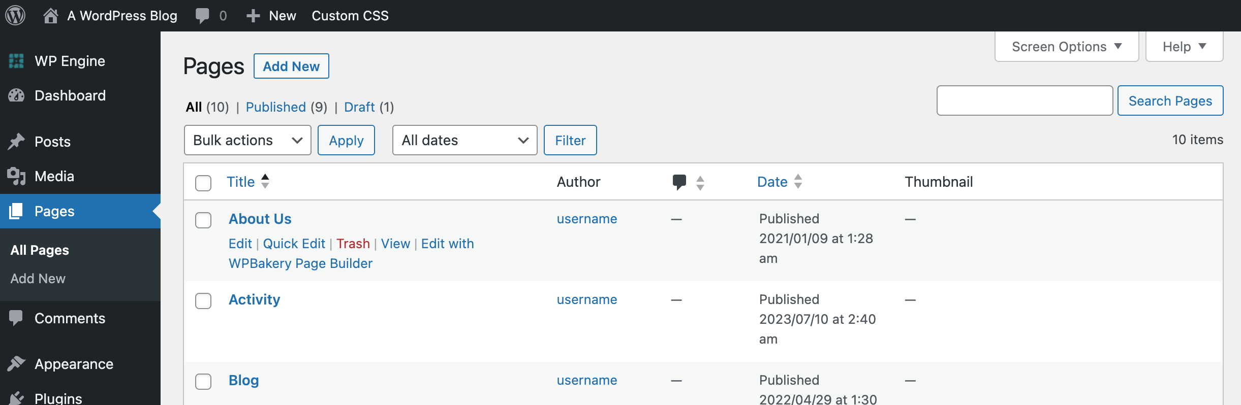 WordPress Dashboard: Pages