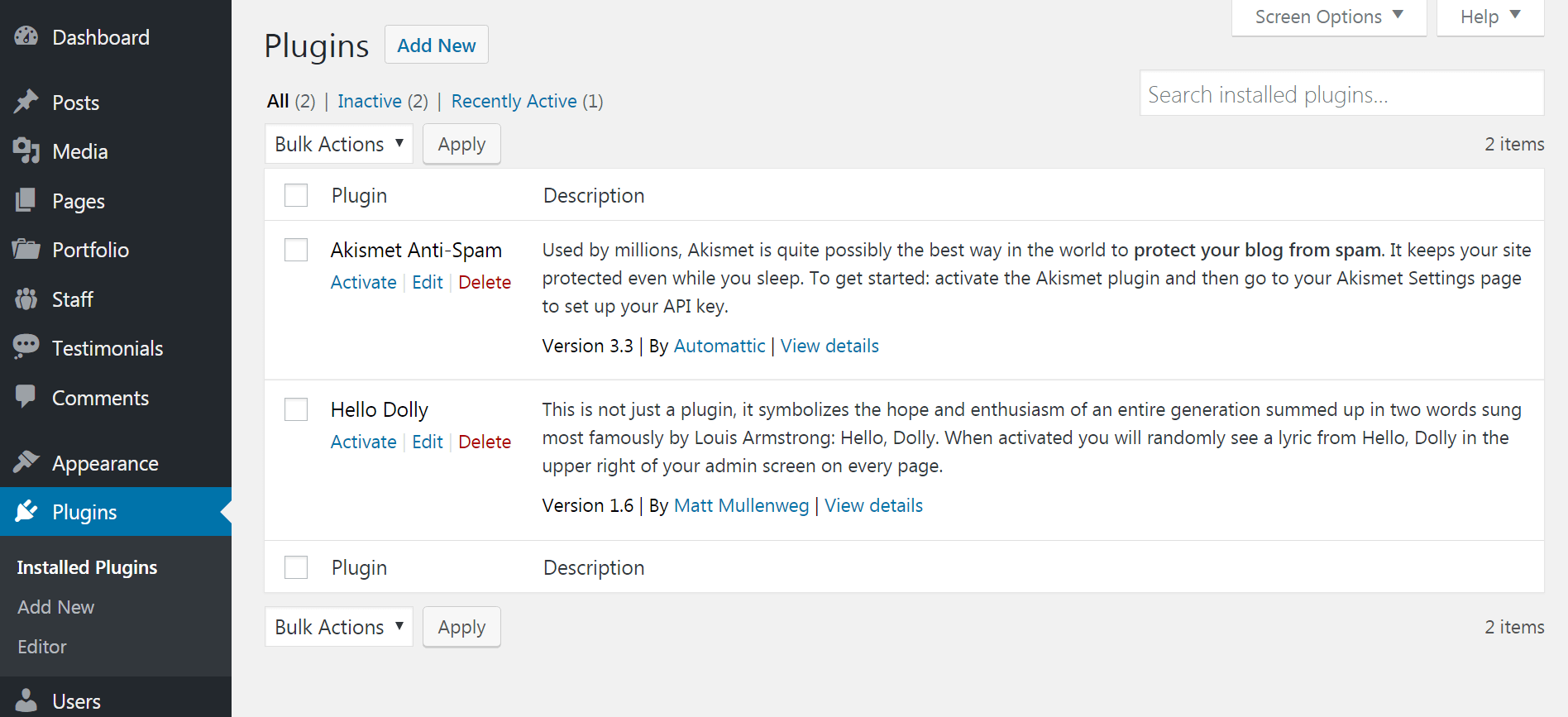 The Plugins section of the back end.