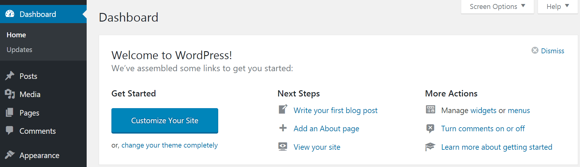 The Welcome widget in the WordPress Dashboard.