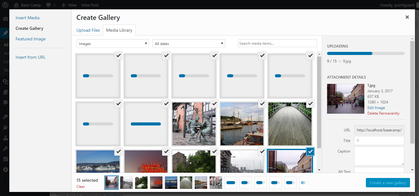 wordpress galleries uploading images screen