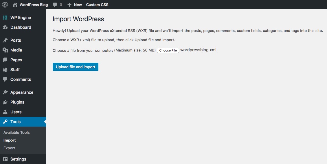 WordPress Select XML File to Import