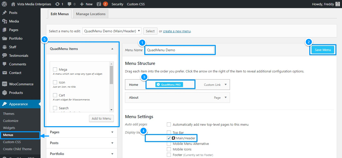 wordpress menus screen with quadmenu ready