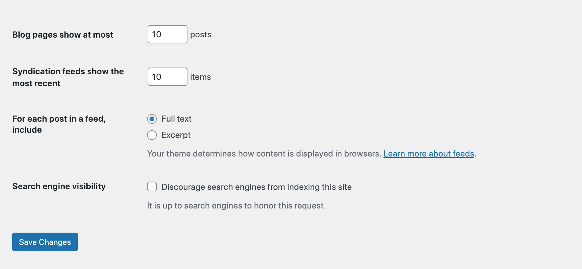 WordPress Reading Settings: Other