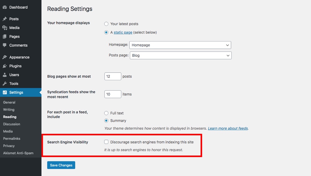 wordpress search engine visibility settings