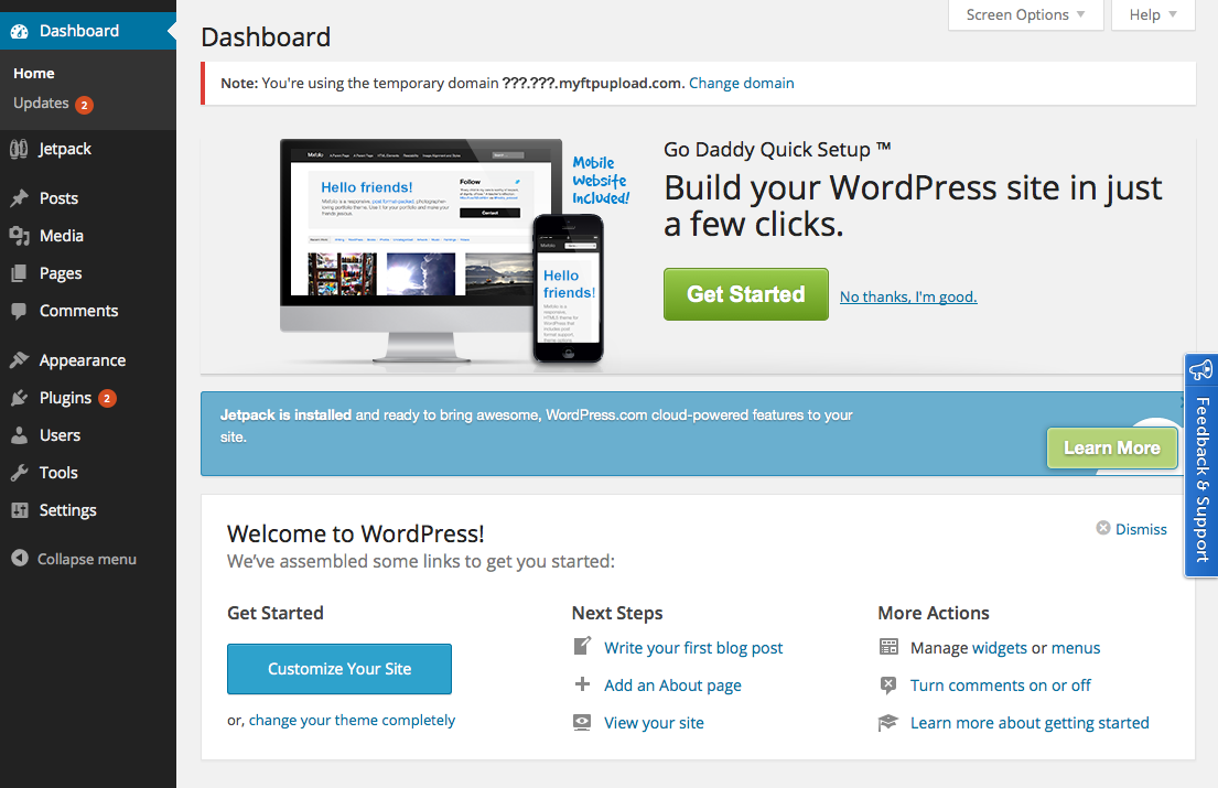 GoDaddy Managed WordPress Hosting: WordPress Dashboard