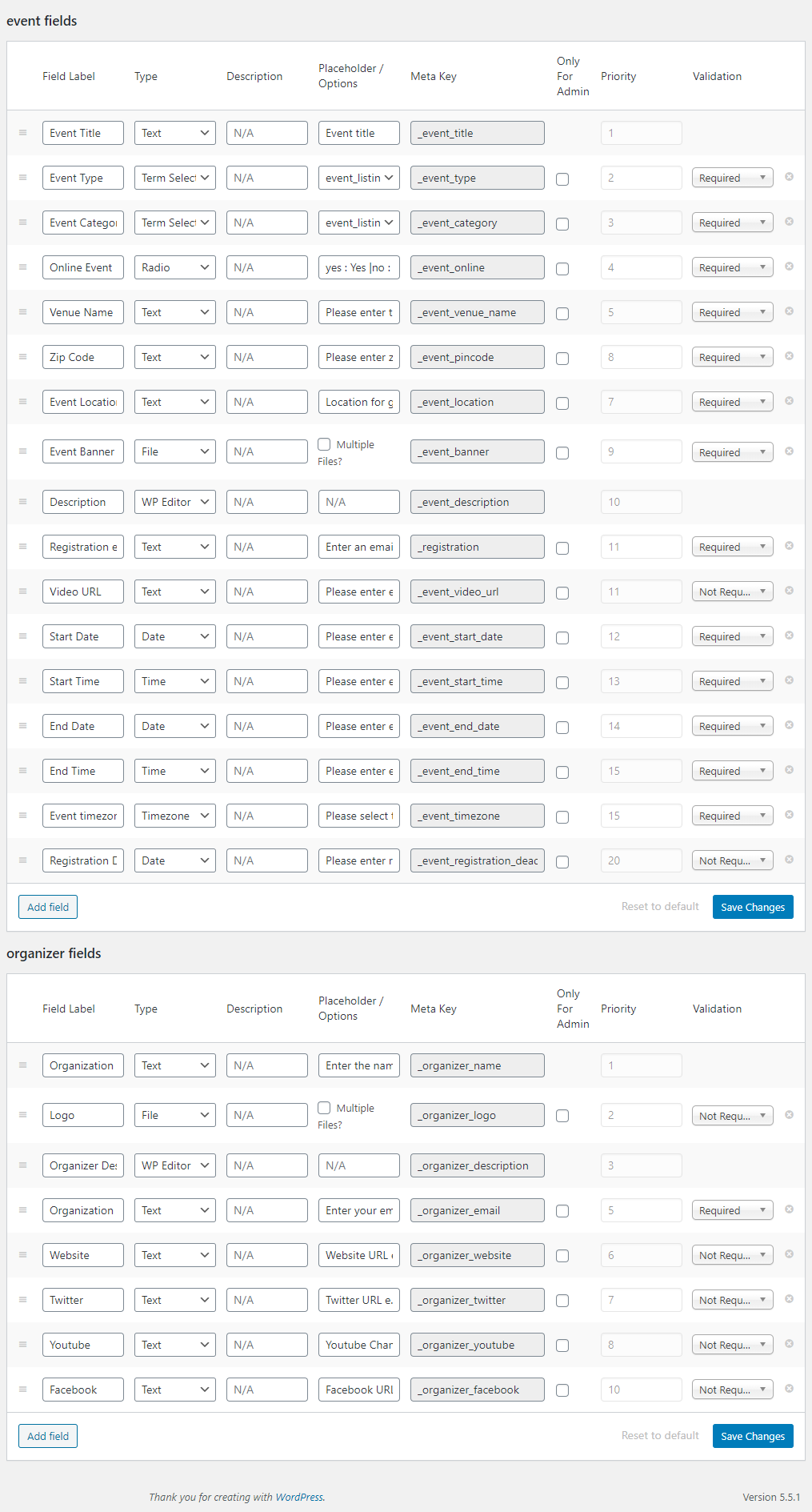 WP Event Manager field editor