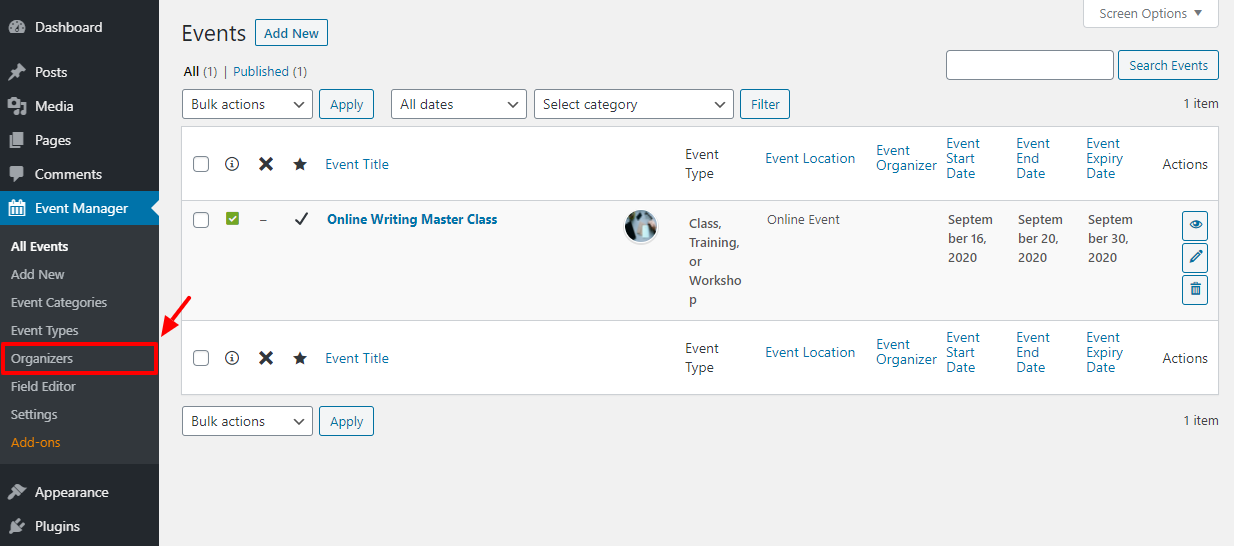 WP Event Manager admin organizers