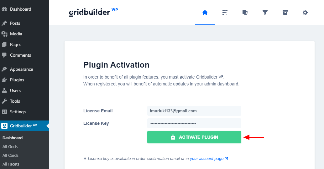 wp grid builder license activation