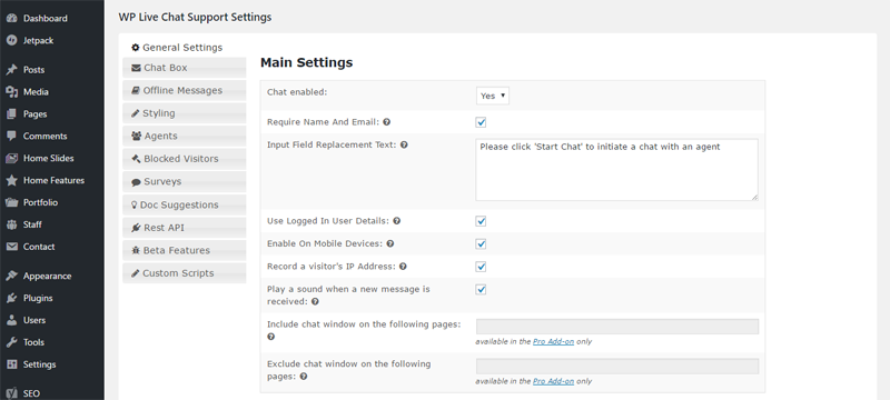 wp live chat support settings screen