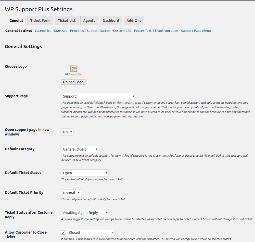 WP Support Plus Settings