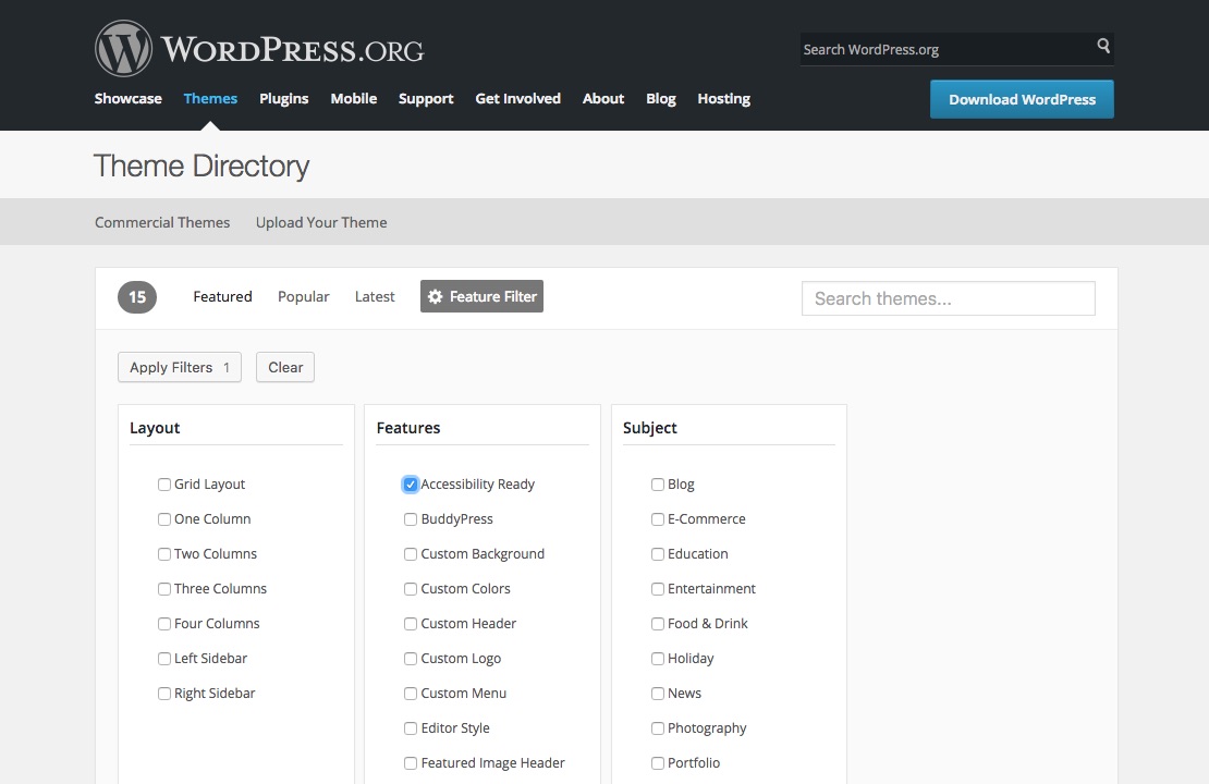 WordPress.org Main Theme Directory Accessibility Filter
