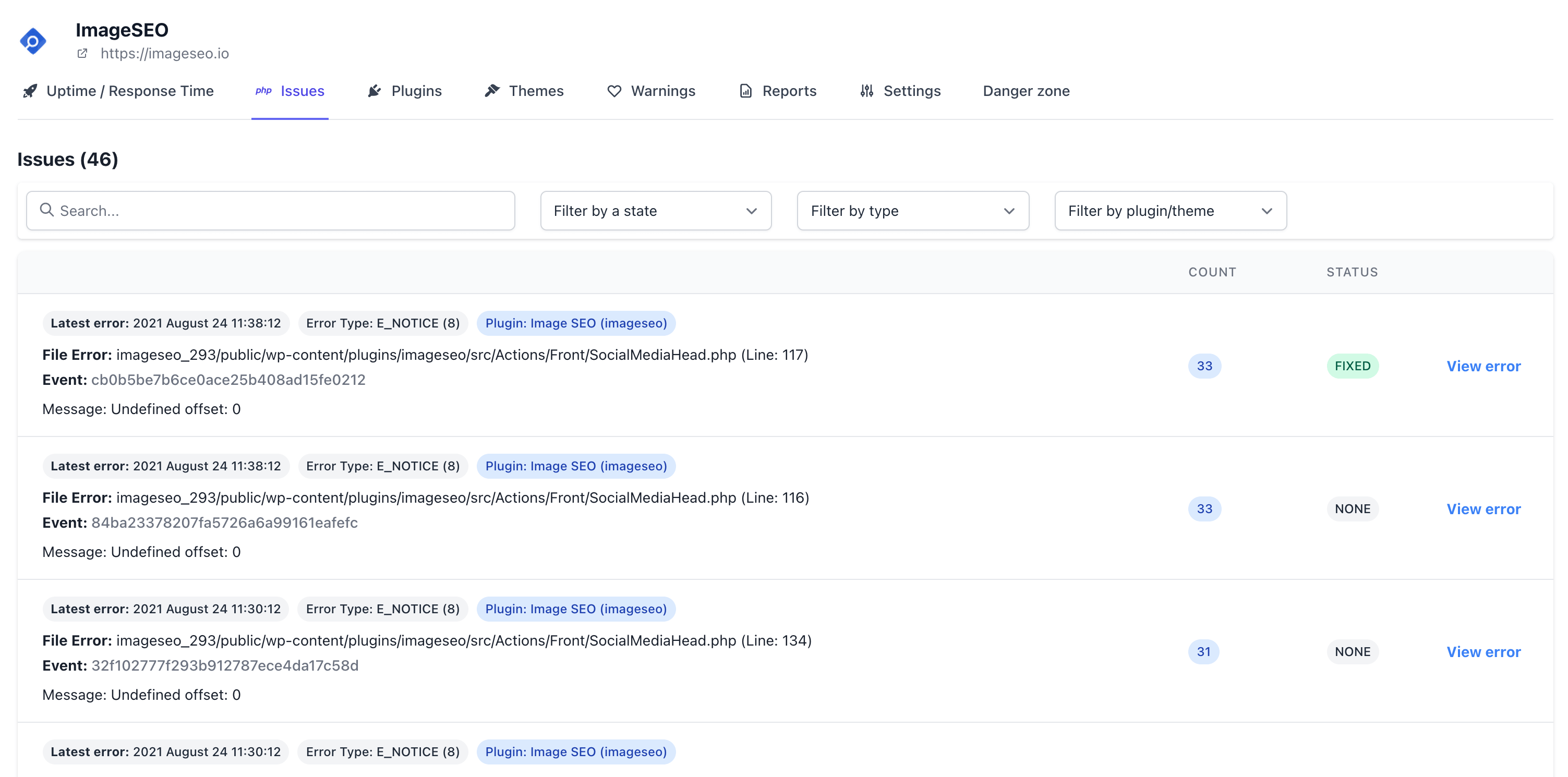 wp umbrella php errors table