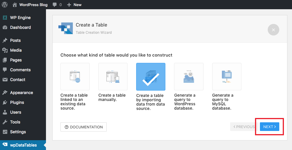 wpDataTables Create or Import Table