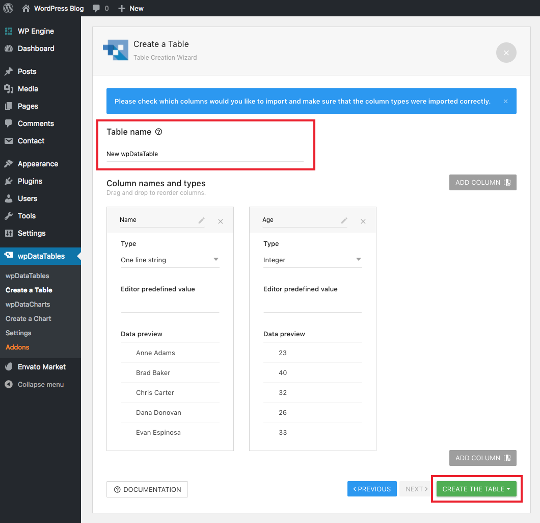 wpDataTables Manage Table