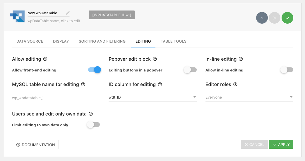 wpDataTables Allow Front-end Editing