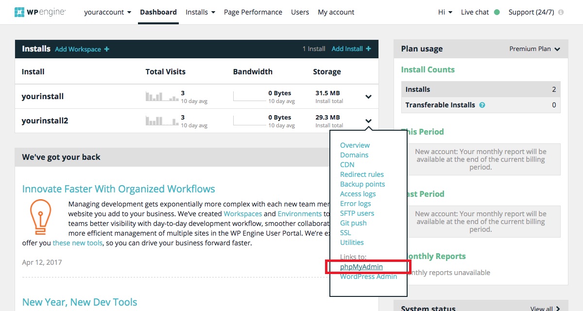 WP Engine Access phpMyAdmin