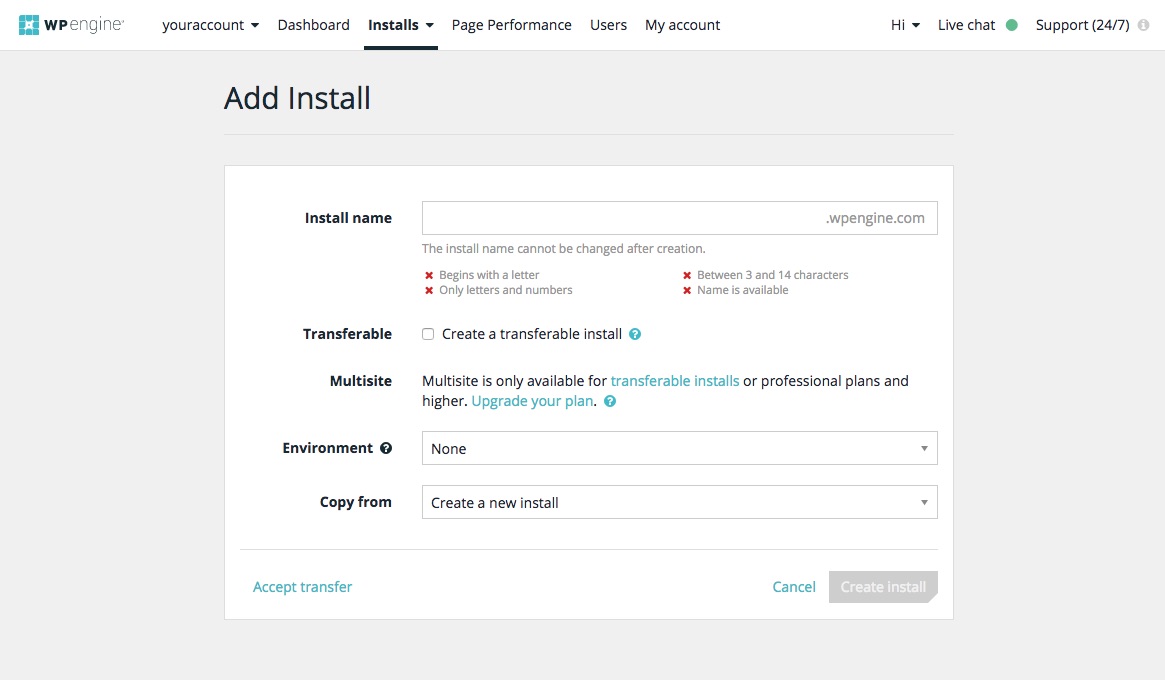 WP Engine Add Install Information