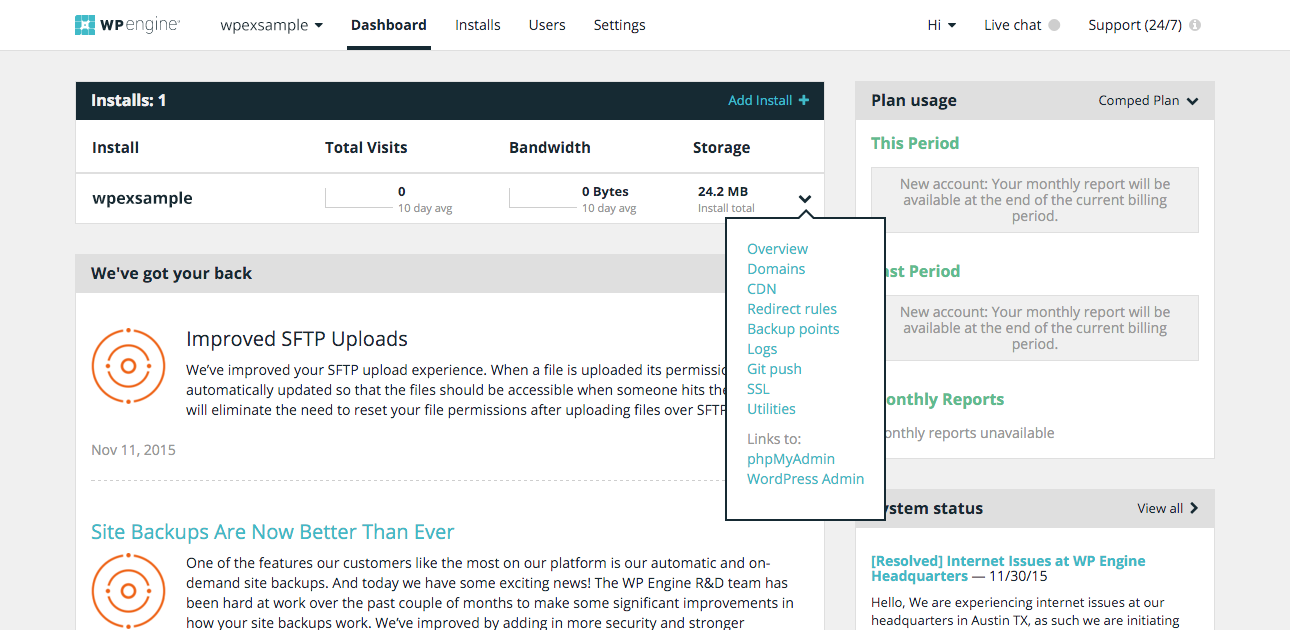 WP Engine Dashboard