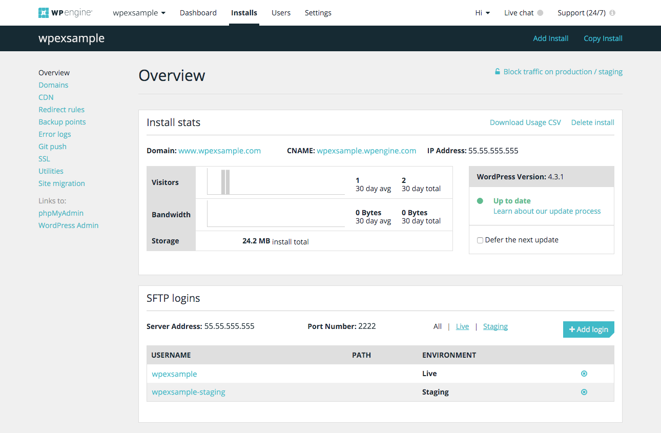 WP Engine Dashboard Overview