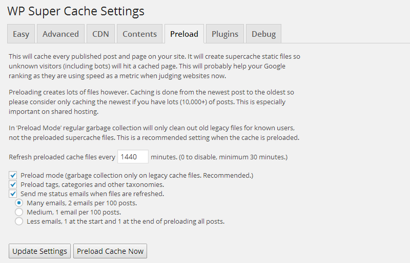 WP Super Cache Preload Tab