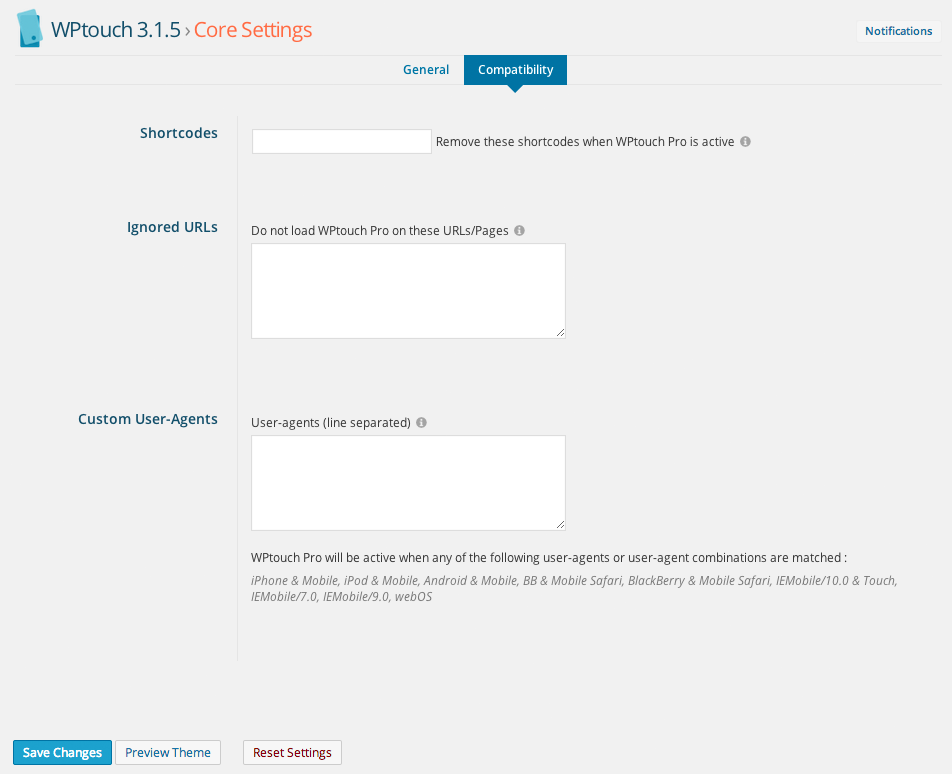 WPtouch Core Settings Compatibility