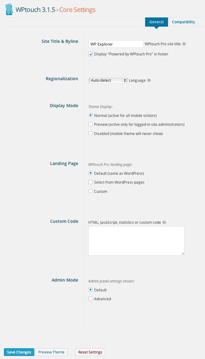 WPtouch Core Settings